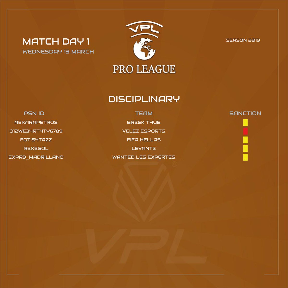 |PS4| VPL PROLEAGUE 2019 DAY 1- Disciplinary  #VPLGlobal #VPLEurope #VPLChampions #proclub #11vs11