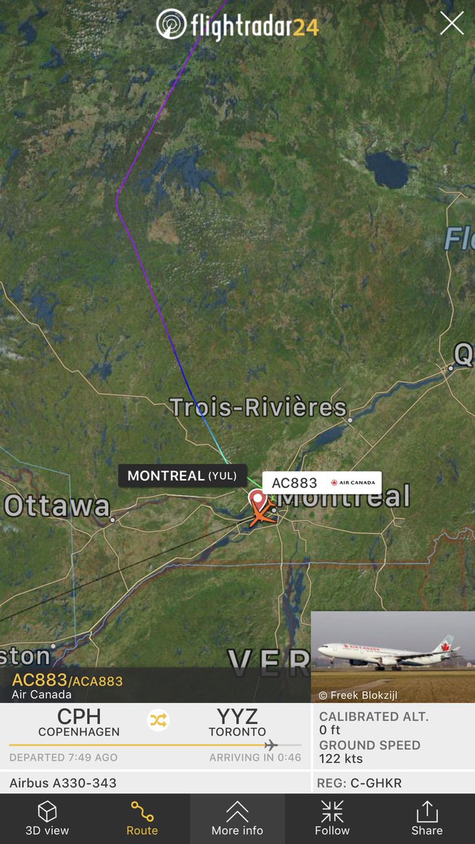 TomPodolec's tweet photo. 🔀 DIVERSION MEDICAL
Air Canada #AC883
Copenhagen to Toronto
Diverting to Montreal
Person in need of medical attention
https://t.co/efpiRu94pH https://t.co/VmwNI9zFdB