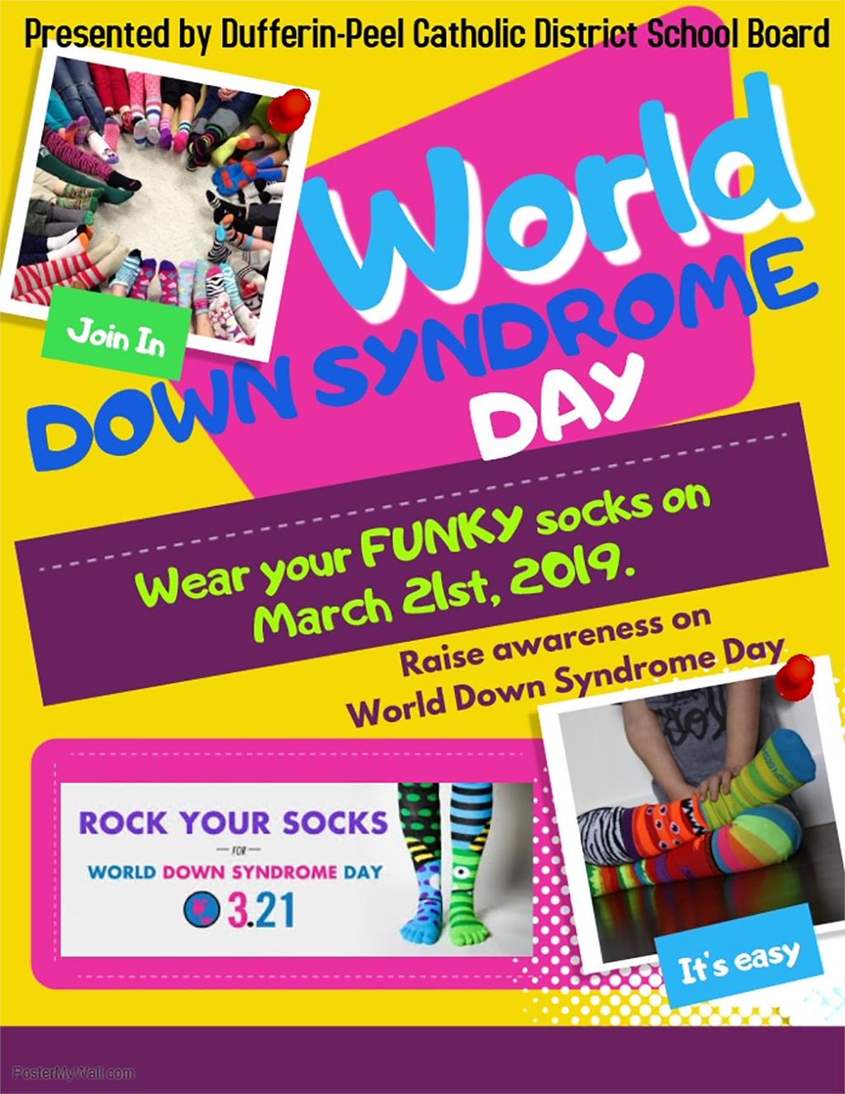 DPCDSBSchools's tweet photo. March 21 is World Down Syndrome Day! DPCDSB staff and students are encouraged to ‘Rock Your Socks’ to raise awareness and create a single global voice advocating for the rights, inclusion and well-being of people with Down syndrome. #LotsOfSocks #WorldDownSyndromeDay #WDSD19 https://t.co/6dVMYJ494G