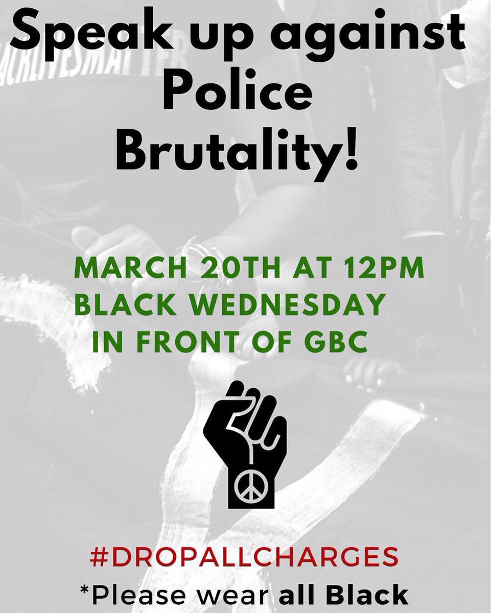 CalBSU's tweet image. Come support the three Black students who were brutalized by UCPD on March 8, 2019.  Cal BSU and our allies will be meeting at The Golden Bear Cafe on Wednesday, March 20th at 12PM, continuing to demand that all charges against these students be dropped. #dropallcharges
