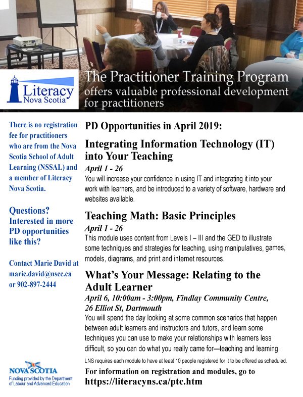 literacy_ns's tweet photo. Register now for #PractitionerTraining Modules offered in April 2019. Check out the PT webpage for details on the program, modules, and the tuition schedule from April 2019 to June 2020. To register, email marie.david@nscc.ca or call 1-800-255-5203. https://t.co/4kQR4C29q2 https://t.co/Xc2X68nSDy