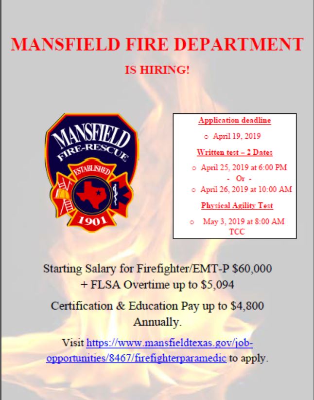 MansfieldFireTX's tweet photo. We are hiring again! We are looking to fill 13 firefighter positions. Applicants may be fire certified/Paramedic or Paramedic only. https://t.co/u8VvRiG8PS