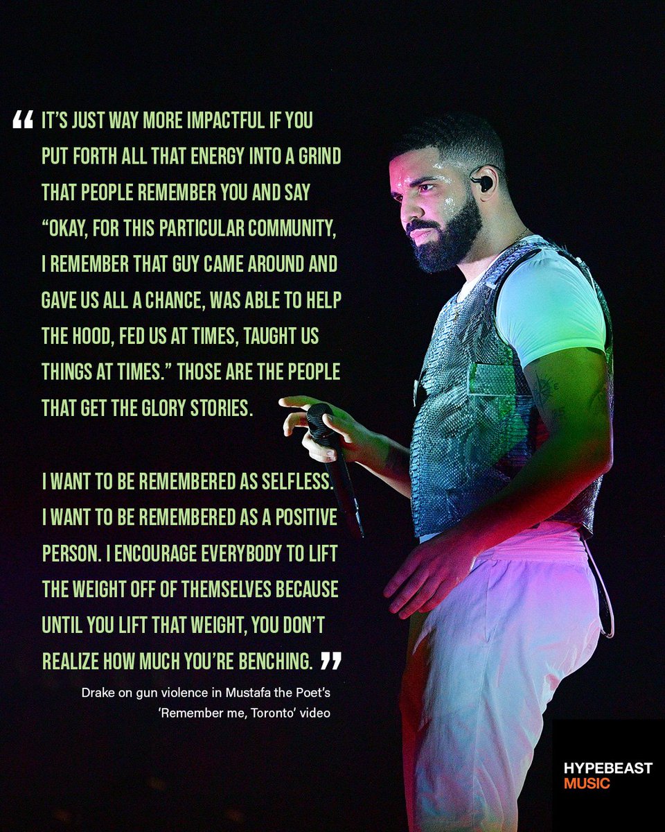 hypebeastmusic's tweet photo. .@drake speaks out on Toronto's gun violence in @MustafaThePoet's latest video piece #RememberMeToronto. Hear what Drizzy had to say here: https://t.co/Wpys9zsbUg https://t.co/oVmNx72edW