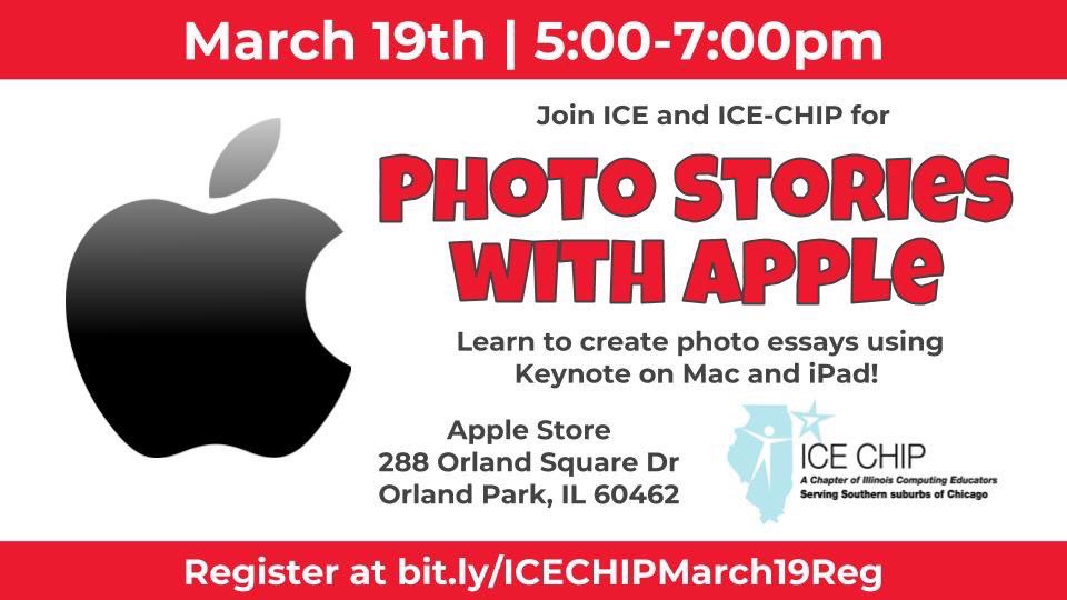 Join us for a special “Today at Apple” collaboration session at the Apple Store in Orland Park TODAY! Come learn some of the new features in Keynote to create photo stories! Register today! bit.ly/ICECHIPMarch19…  #icechip #ICEilchat