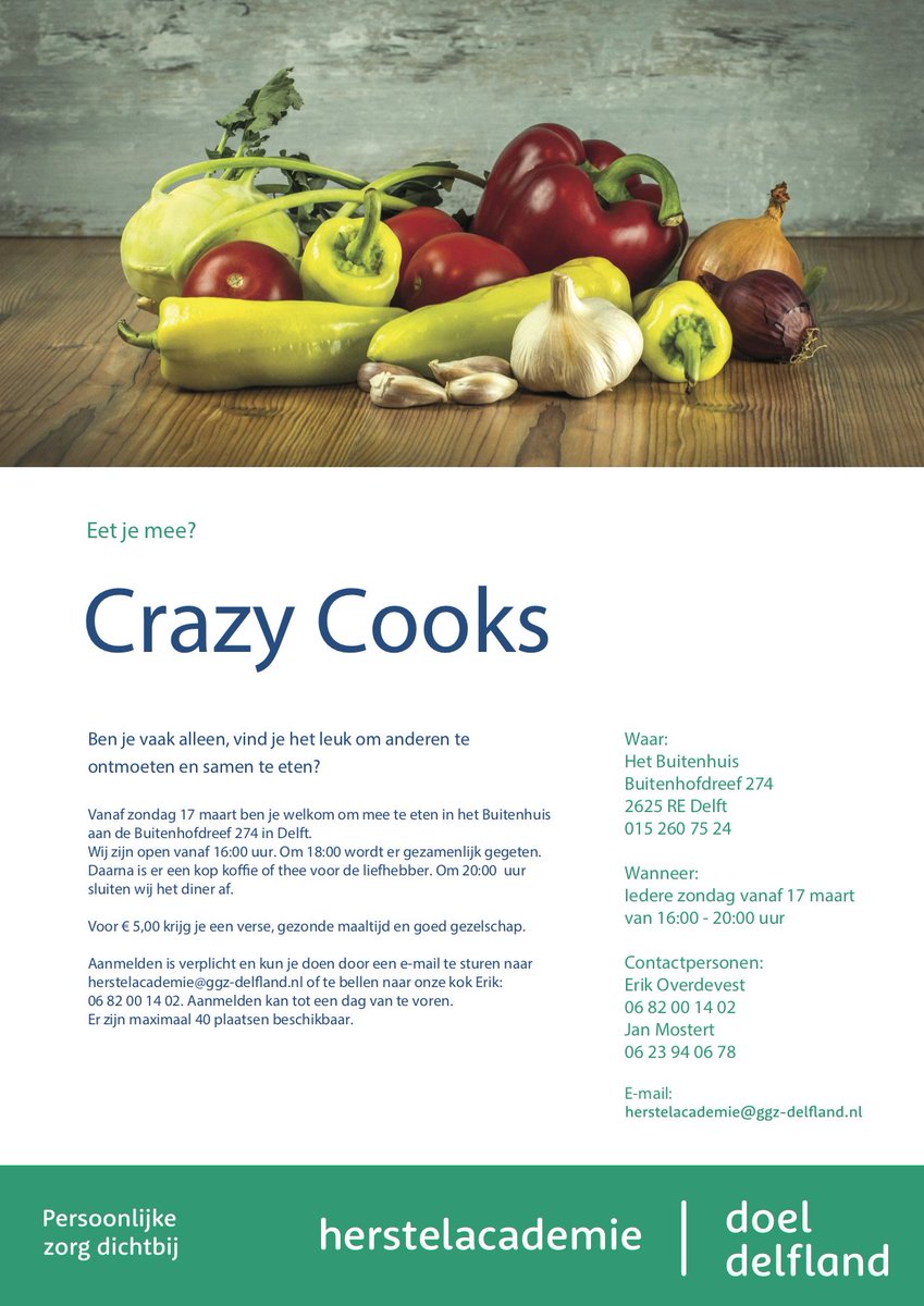 jmostert64's tweet photo. Trots om te melden dat ons eetcafé afgelopen zondag geopend is. Iedere zondag een gezonde maaltijd en goed gezelschap. #crazycooks #herstellenkanaltijd @ggzdelfland @DOELDelft https://t.co/emR1v9ZdOB