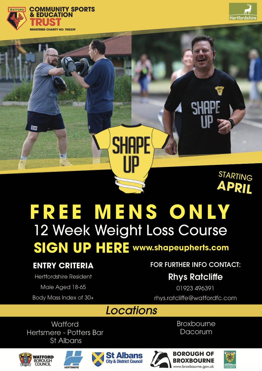 Our friends at <a href="/WFCTrust/">Watford FC CSE Trust</a> have spaces on their 12 week 'Shape Up' course, which starts in April,  and is free for men living in Hertfordshire, aged 18-65 with a BMI of 30+.

Locations: #Watford #StAlbans #Hertsmere #Dacorum #Broxbourne

Sign up: shapeupherts.com