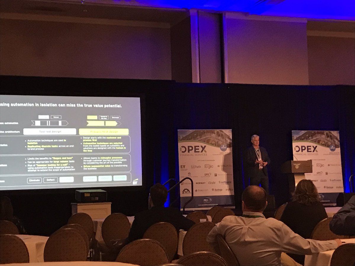 RGThacker's tweet photo. Chris Harris of @EY explains how @BNYMellon understands the combination of automation techniques and drives business decisions by taking a #Process first approach to #RPA  - #OPEXFS https://t.co/z9w6SXxWgz