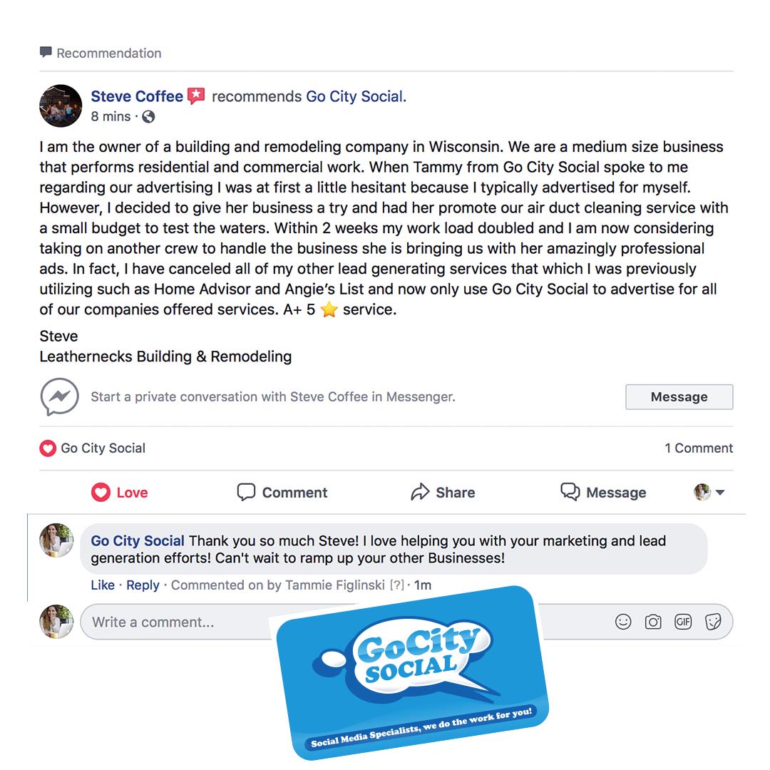GoCitySocial's tweet photo. Replace #HomeAdvisor &amp; #AngiesList with @GoCitySocial WOW what a compliment!! ANOTHER 5 STAR REVIEW for @GoCitySocial #GoCitySocial #AirDuct #DuctCleaning #FullServiceDuctCleaning #HomeRemodeling #Remodeling #Builders #Contractors #LeadGeneration #SocialMediaManagement #LeadGen https://t.co/0OXIXjZZuJ