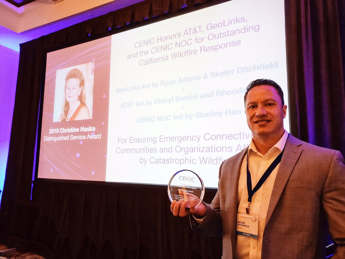 GeoLinks is honored to have been recognized in the #CENIC2019 Innovations in Networking Awards for the Christine Haska Distinguished Service Award! <a href="/SkylerJesseD/">Skyler Ditchfield</a>