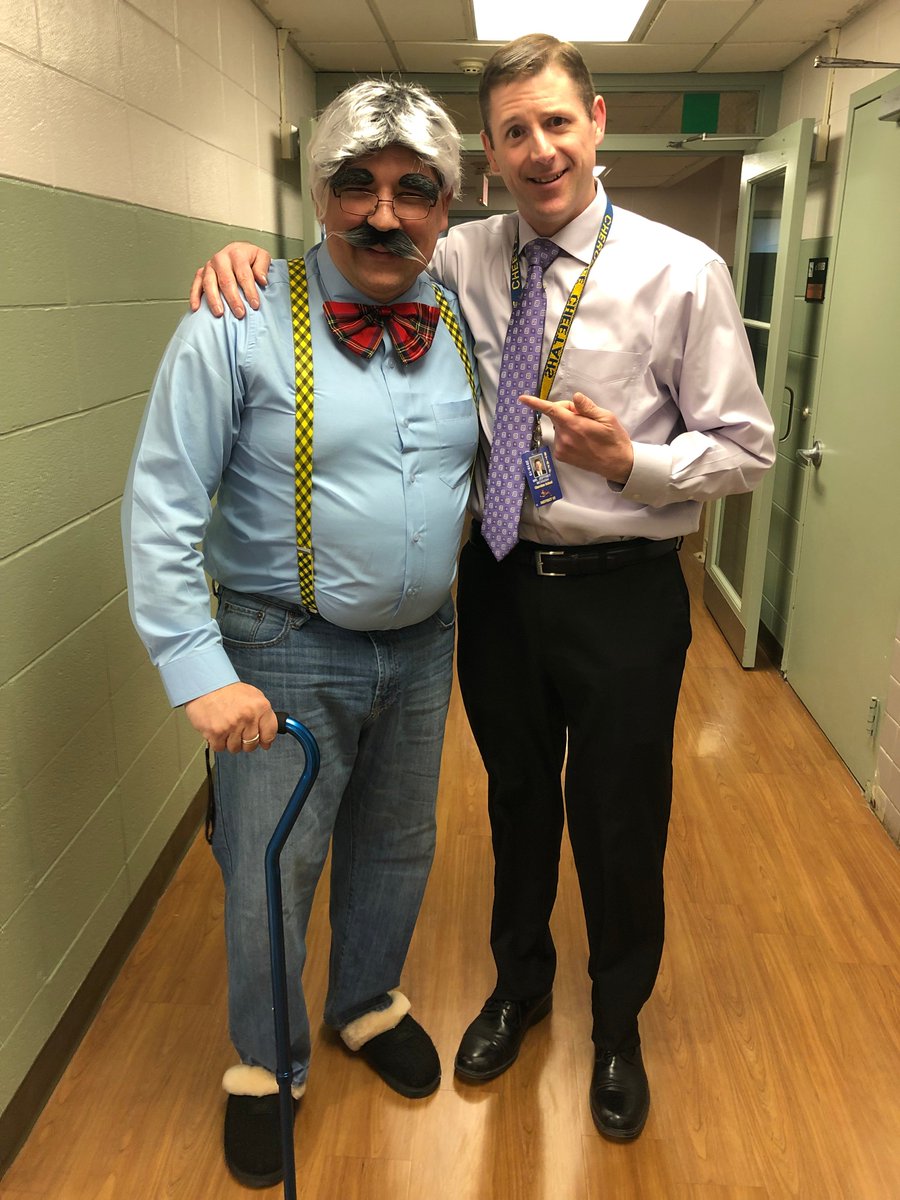 Cherokee Spirit Week Grandpa (Mr. Sostre) visiting with Mr. McHugh for dress like a Grandma or Grandpa day at Cherokee! @jeffmchugh67 <a href="/LakeForestSD67/">Lake Forest School District 67</a> #cherokeeinspires #Findingjoy67 #schoolspirit