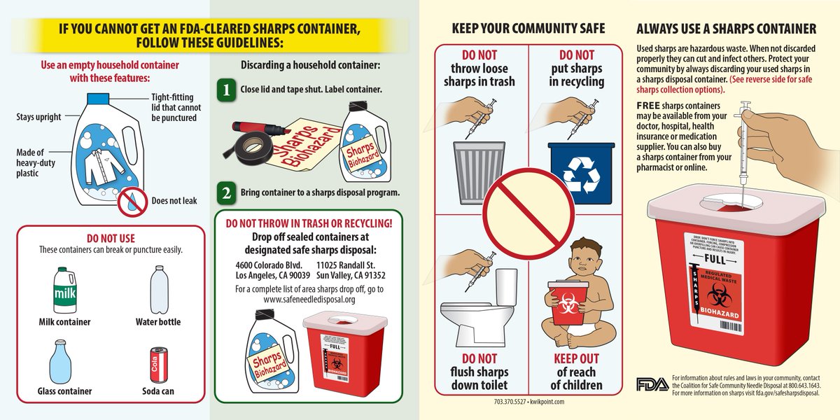 BurbankRecycle's tweet photo. NEVER put needles in the trash or recycling bin!  Needles are a big hazard for sanitation workers.  Learn the proper way to dispose of used sharps, including drop off information. https://t.co/SxxXV8wwD1