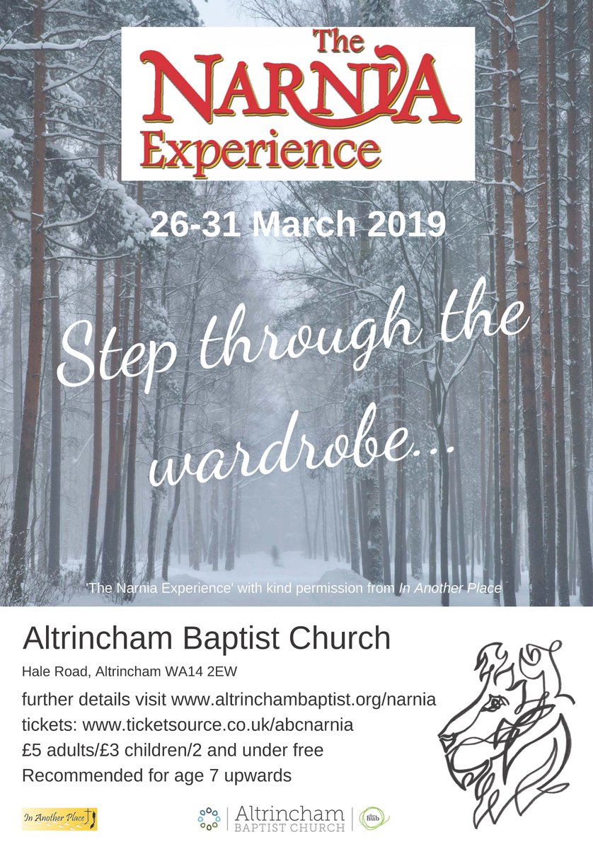 Step into the wonderful world of Narnia on an immersive guided trail from next Tuesday  to Sunday <a href="/AltBaptist/">Altrincham Baptist Church</a> Tickets &amp; availability: ticketsource.co.uk/abcnarnia #Altrincham #NarniaExperience pls RT