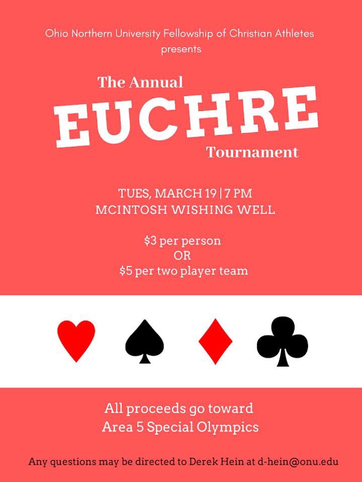 ONU_FCA's tweet photo. It’s BACK!  Our bread and butter, the FCA Euchre Tournament is tonight at 7 at the wishing well!!  $3 per person, come win some prizes and help support the Area 5 special olympics.  We hope to see you there with a partner! https://t.co/HkiZyM2D7A