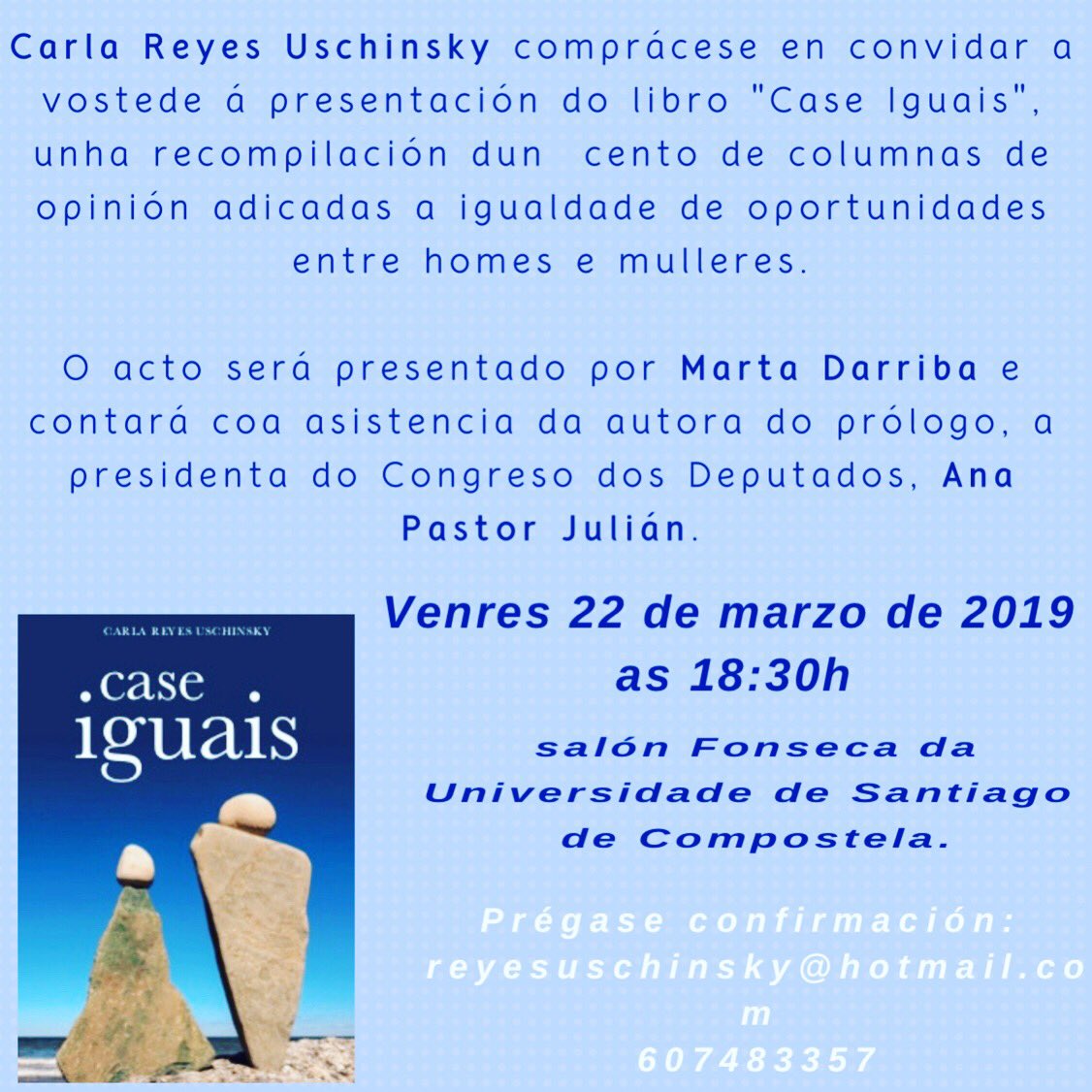 CarlaRUschinsky's tweet photo. Se adelanta la hora de la presentación de mi libro. A las 18:30 en el maravilloso salón de #Fonseca os espero! @ExecutivasG #igualdade https://t.co/rNelIfrYUA