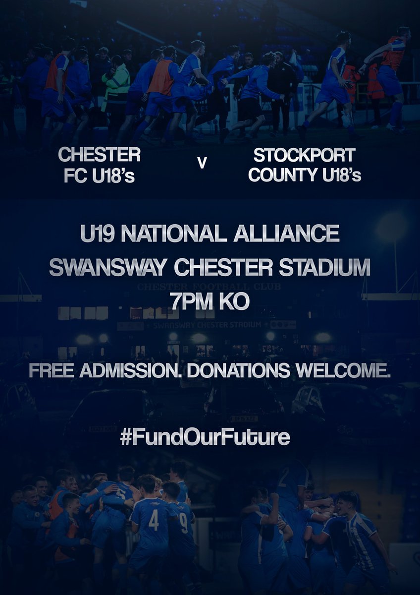 ChesterFC's tweet photo. 💙 YOUTH: #FundOurFuture on Wednesday 10th April...

@CFCYouthAcademy will play @StockportCounty at the Swansway Chester Stadium (7pm) - come and support the lads and make a donation in what is a vital fundraiser for the academy setup!

👉 https://t.co/LlKtzaAbWm https://t.co/aH0917P6Yu