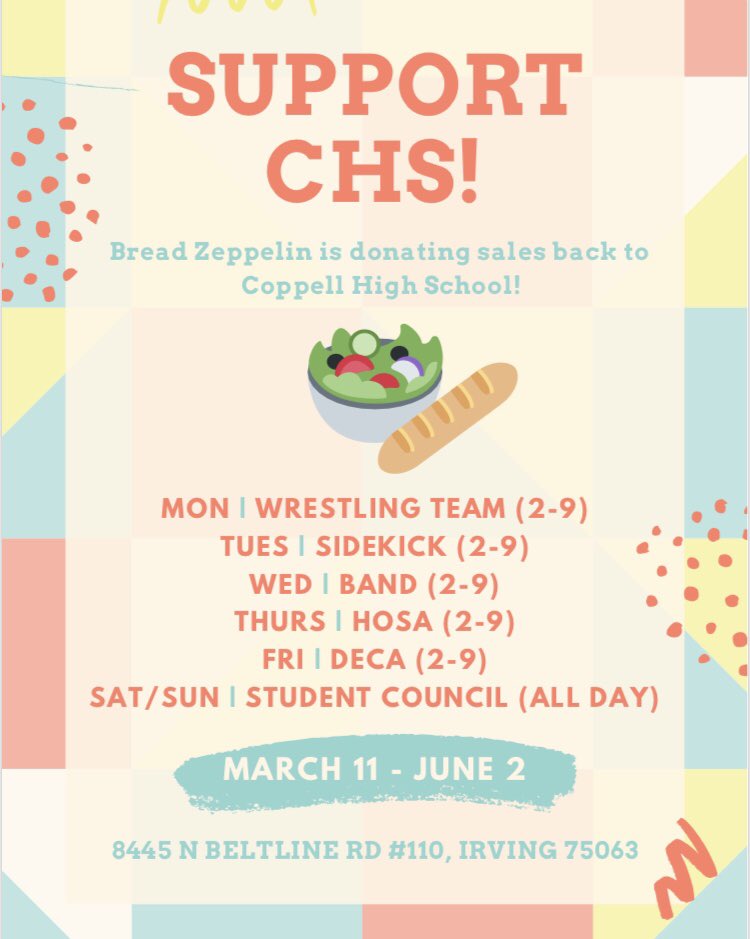 stuco_coppell's tweet photo. Make sure to support Bread Zeppelin  and Coppell High School! See the flyer below for more information! https://t.co/ThJ1uHbAg3