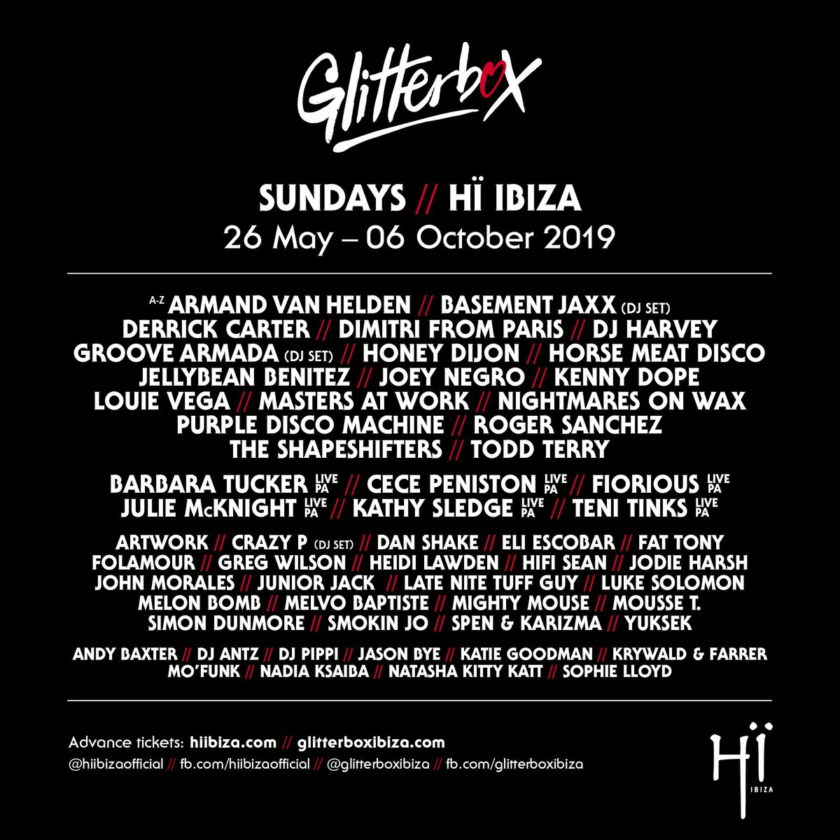 Glitterbox Hi Ibiza Summer 2019
<a href="/Glitterbox/">Glitterbox</a> <a href="/hiibizaofficial/">Hï Ibiza</a> 
Ticket link:
hiibiza.com/3cvOX3