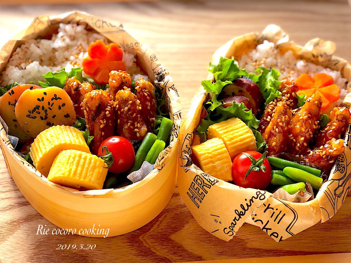 リエcafe Twitterren 甘辛チキン弁当 今日はチビ娘も給食がお休みなので お弁当持ちです てか 夜急に マーマァー明日お弁当ーって言い出したのでビックリヽ D したけど対応できました チビ娘のリクエスト甘辛チキン わっぱ弁当 旦那弁当 今日のお弁当