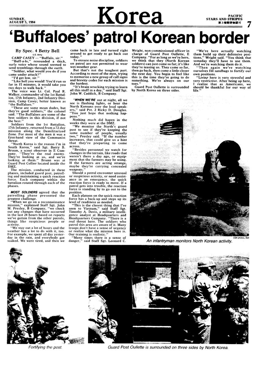 Korean_DMZ_Vets's tweet photo. 1984 - Up on the Z - 1st Battalion, 17th Infantry on rotation up at the DMZ! Article courtesy of Stars & Stripes.
#koreandmzvets #koreandmz #dmzvets #dmzwar #dmz #1980s #starsandstripes #17thinfantry #2id #korea #rok https://t.co/4f1WPhjt0H
