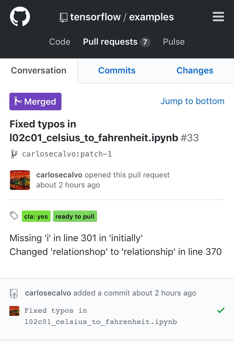 chuckcalvo's tweet photo. My first pull request ever was fixing typos on the #TensorFlow ⁦@udacity⁩ Colab Notebook! ⁦@DynamicWebPaige⁩ thanks for the course! https://t.co/dH7AqhnOGP