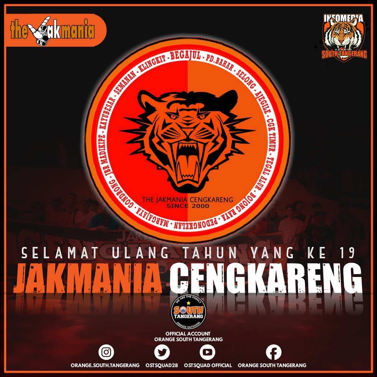 JakmaniaOst's tweet photo. Selamat ulang tahun yang ke 19 The Jakmania wilayah CENGKARENG. Makin solid, kompak, militan dan jaya raya selalu ππ
#janj19uePersijaSelamanya
#KorwilCengkareng
#PersijaJkt
#TheJakmania
#Ostsquad
#InmedOST
#TigerBorder
#JOB23
#Sajete https://t.co/OUUZpdn1WB