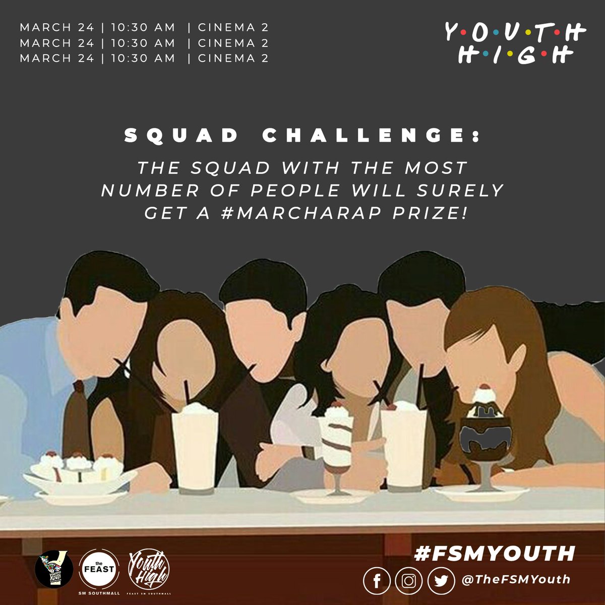 thefsmyouth's tweet photo. Are you excited this coming Sunday? Then we have a challenge for you!! 

SQUAD CHALLENGE: 
The squad with the most number of people will sure get a #MARCHARAP prize! 

Are u G? 

Bring your friends on Sunday! 

10:30AM 
Cinema 2

See YOUth there! 

#FSMYouth
#LOJYouthAlabang https://t.co/A3crLfjuN6