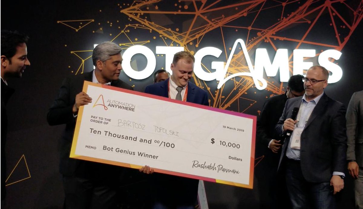 AutomationAnywh's tweet photo. ICYMI: This is what winning the $10,000 top prize at #BotGenius looks like. Think you have what it takes? Our next Bot Games is April 15 in NYC. Join us there: https://t.co/Wx1zwh7j9P https://t.co/Ga52q28GuG