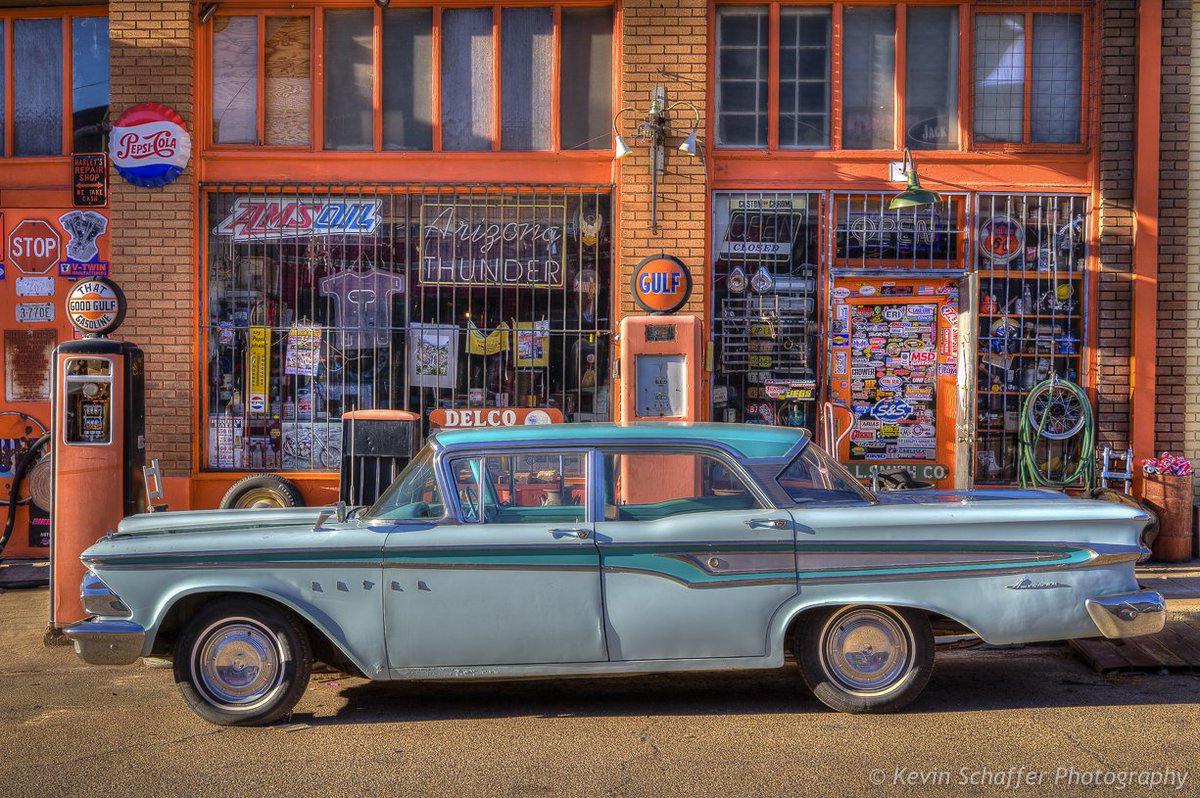 KSchafferPhoto's tweet photo. Back in February 2017 I took this photo of an old Edsel parked on a side street in Bisbee, #Arizona. Today I drove by and the car is gone, the storefront covered in blue tarps. The moral of the story? Pull over and take the shot. You may not get a second chance. #rustanddust https://t.co/mpapafS6Lf