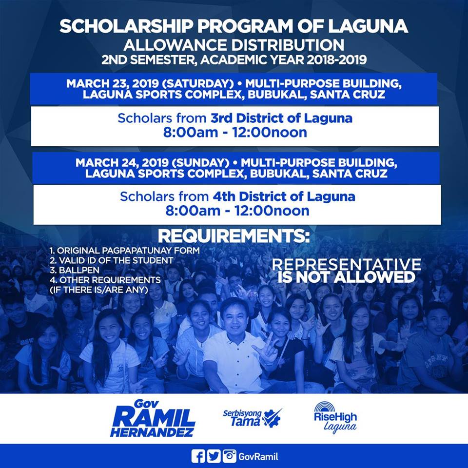 ANNOUNCEMENT: 
For the  ISKOLAR ng Laguna from the 3rd and 4th District. Here are the details you need to know for the distribution of your grants this coming weekend. 
Note: Representative is strictly NOT allowed.
#IskolarNgLaguna
#RiseHighLaguna
#SerbisyongTama