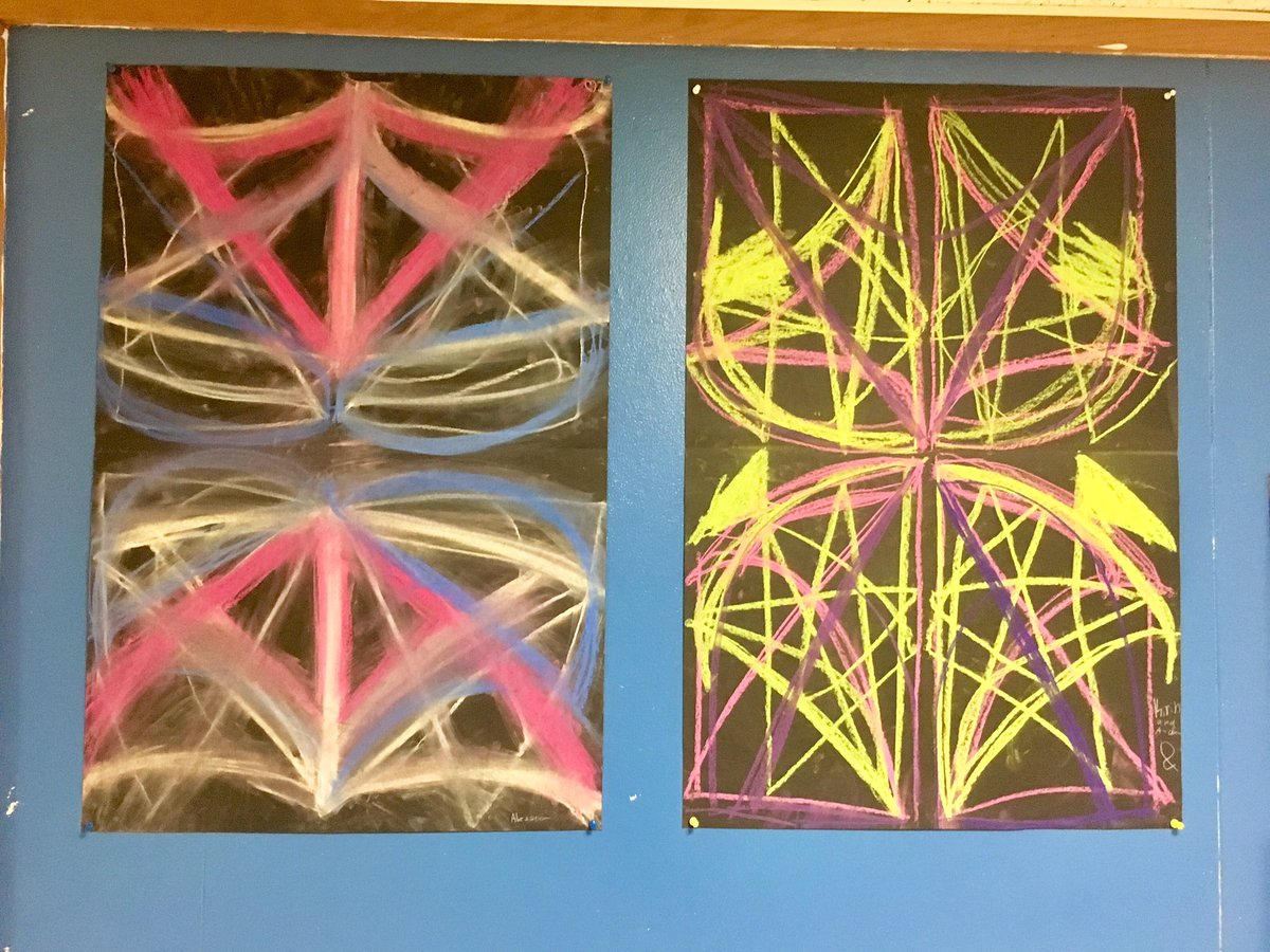 Day 2 of our experiments creating work inspired by artist, Heather Hansen. Mirroring a partner to create a symmetrical work of art is harder than it looks! #synergize #holmeshawks #d97art #oakpark97