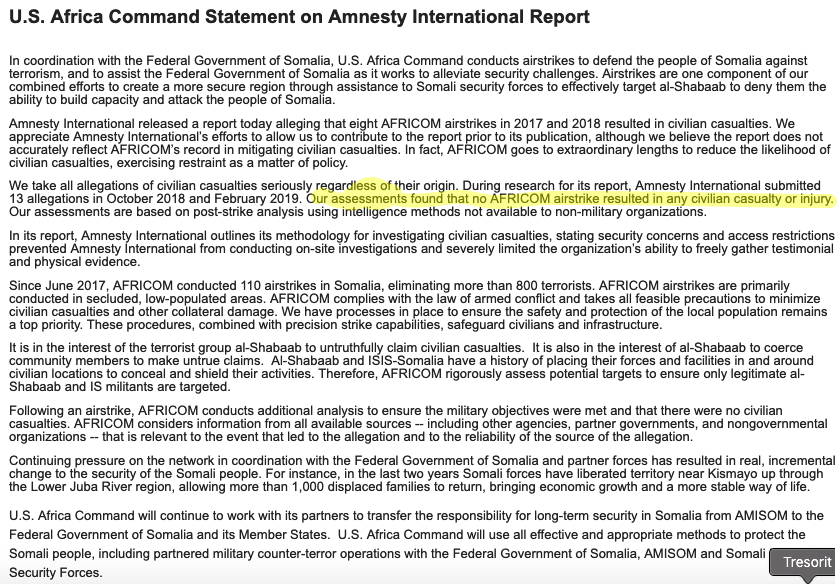 AFRICOM denies  @amnesty report on civilian casualties from its airstrikes in Somalia