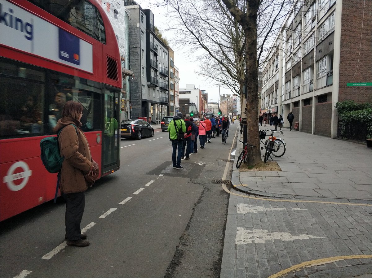 charliecycling's tweet photo. Amongst the human bollards, helping to #MakeTheLane #safe4cycling. Old St, Islington, rush hour. Demonstrates should have permanent protected space. Thanks @seanlondonandon &amp; @activetravelnow for organising. https://t.co/ivW9us33cx