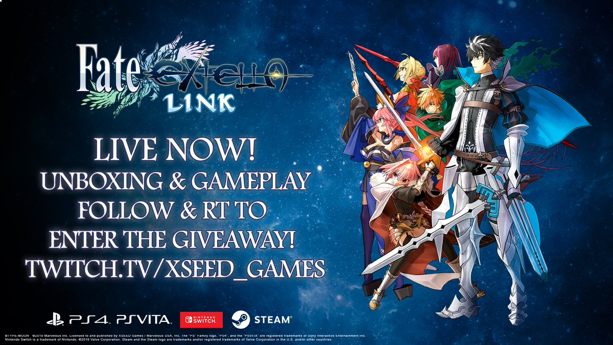 XSEEDGames's tweet photo. WE'RE LIVE! Hop in and watch us play and unbox Fate/EXTELLA LINK. You could win a copy of the game. Twitch: https://t.co/rkAm2DGCiS https://t.co/XOmf9pCViE