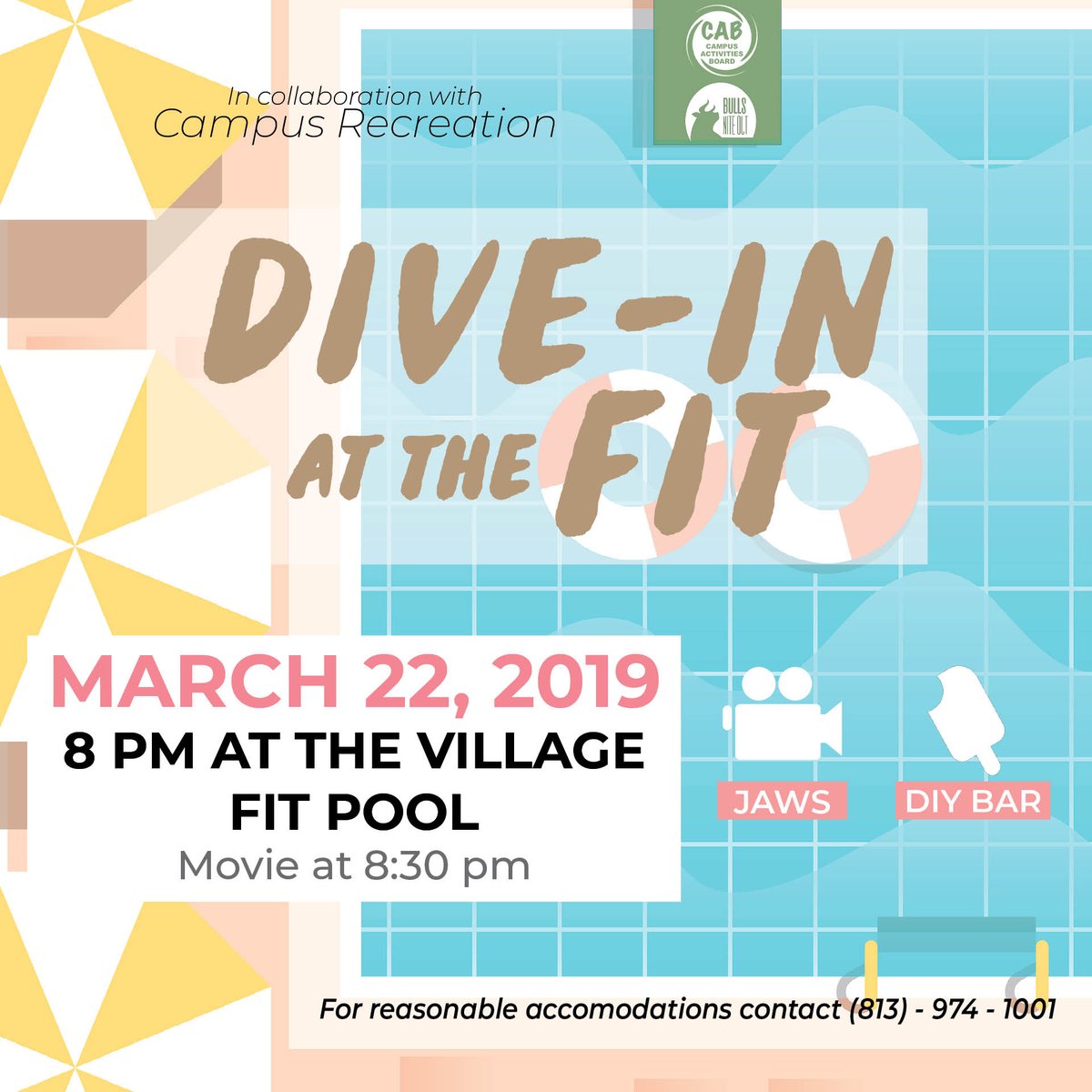 Couldn't get enough of your spring break ?

Come Dive In 🏊🌊 with Bulls Nite Out and @USFcampusRec this Friday 8-11 pm. We will be showing Jaws🦈 at The Village Fit Pool and will also have DIY Ice Cream Sandwiches🍦