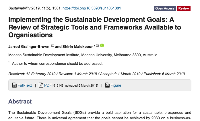 Very pleased to share my first paper, published at last!
 
It investigates the tools/frameworks available to organisations for #SDG action. Do they they allow for true #SDG transformation? (spoiler, no they don't).

<a href="/MonashMSDI/">Monash Sustainable Development Institute</a> <a href="/Sus_MDPI/">Sustainability</a> 
mdpi.com/2071-1050/11/5…