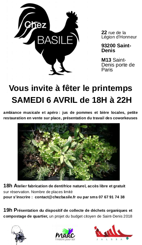 ChezBasile's tweet photo. [Agenda] SAMEDI 6 AVRIL  en avant pour la fête du #printemps @ChezBasile ! ça démarre par un atelier dentifrice naturel #slowcosmestics #bientre #massage jusqu'à 22h ;) avec @poussedecoton https://t.co/hdj7DtcW4D