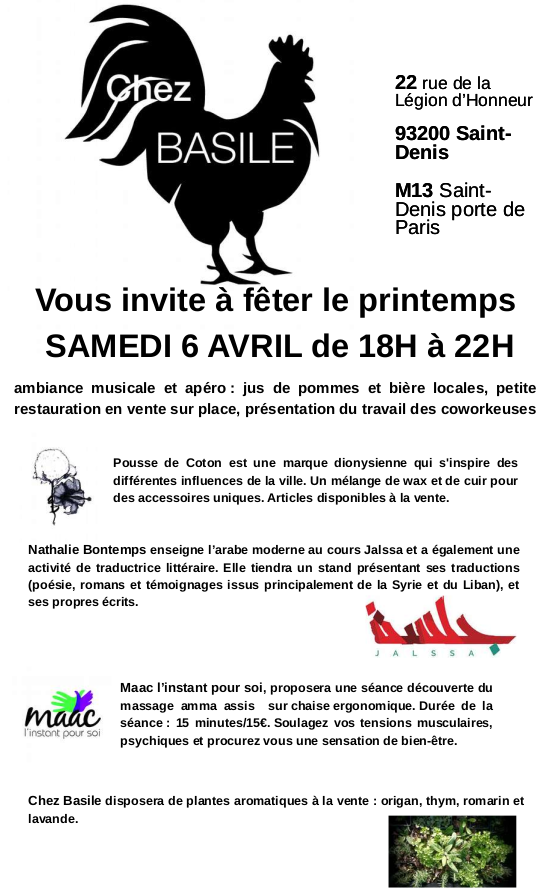 ChezBasile's tweet photo. [Agenda] SAMEDI 6 AVRIL  en avant pour la fête du #printemps @ChezBasile ! ça démarre par un atelier dentifrice naturel #slowcosmestics #bientre #massage jusqu'à 22h ;) avec @poussedecoton https://t.co/hdj7DtcW4D
