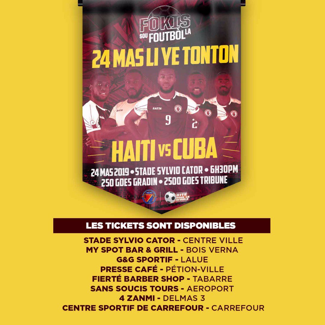 fhfhaiti's tweet photo. MOTIVATION totale🙌🏾 TIKÈ yo disponib pou tout moun⚽
#4eVIKTWAlapye💪🏾
#VinGadMATCHsaNanSTADEla🙌🏾 #24MAS #6HPM #LigueDesNations🏆#NoupralmetCubaCHO🔥 #FocussouFOUTBÒLla #KiteBoullaWoule⚽🇭🇹 https://t.co/OWQniMsTki