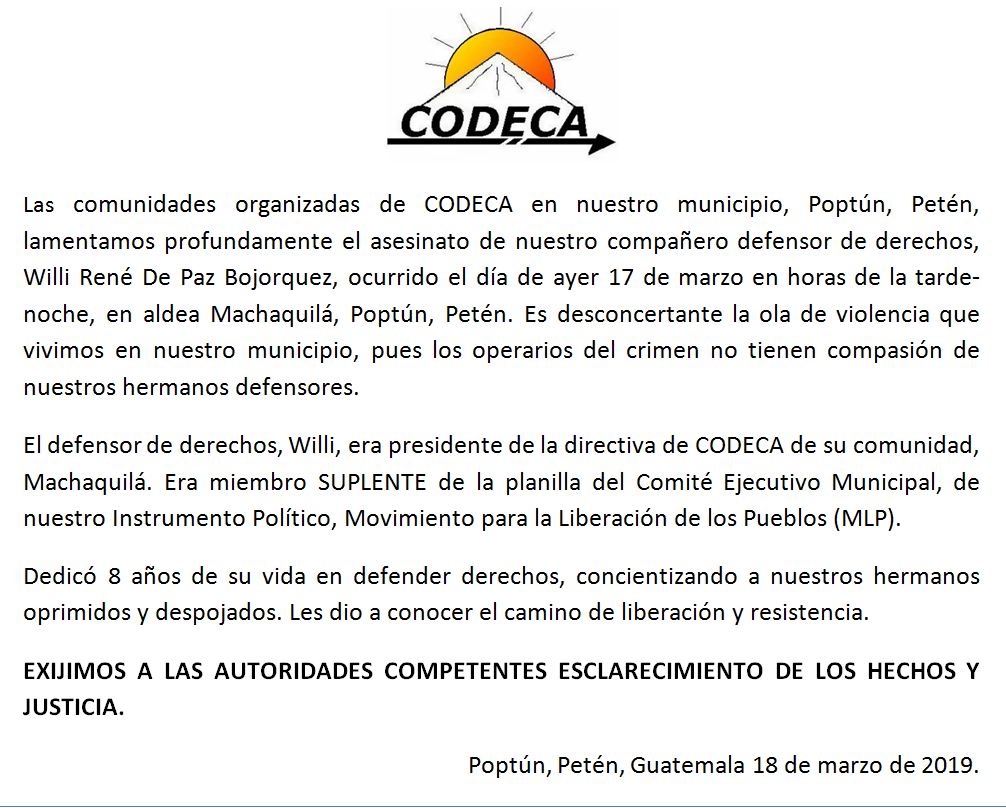 CIVICUSalliance's tweet photo. Civicus condena el asesinato del defensor indigena Willy Rene de Paz  Exigimos al gobierno de #Guatemala adoptar medidas de proteccion para los defensores de derechos humanos e investigar y castigar los ataques en su contra. Nuestra solidaridad con @GtCodeca y su comunidad https://t.co/BkJmPxemvf