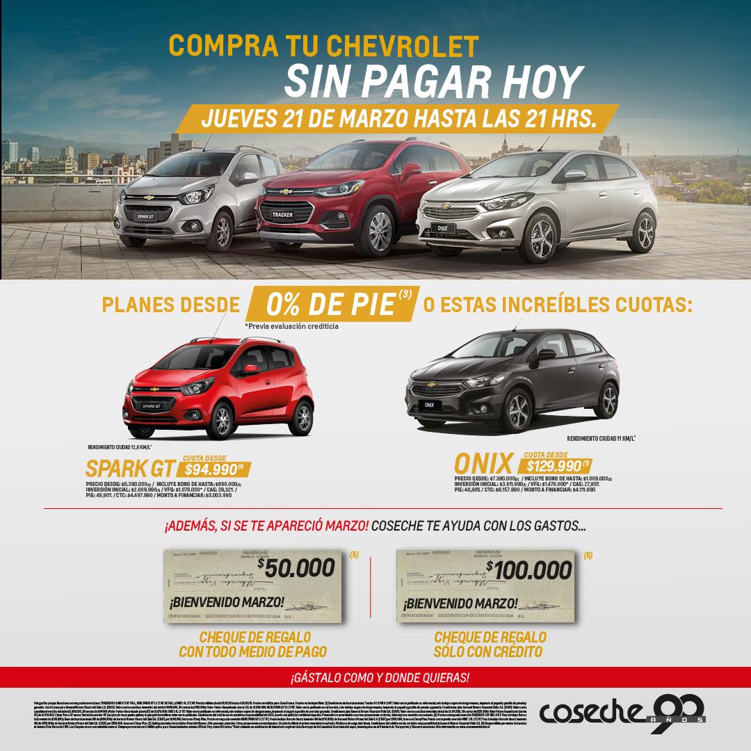 coseche's tweet photo. Compra tu Chevrolet sin pagar hoy 🤩✨¡Aprovecha el jueves 21 de marzo el horario extendido hasta las 21:00 hrs en #Chevrolet #Coseche! 😊Te ayudamos con los gastos de marzo 🤩 Cheque de regalo de $50.000 con todo medio de pago y cheque de regalo de $100.000 solo con crédito 💵 https://t.co/uVnjT7DWBQ