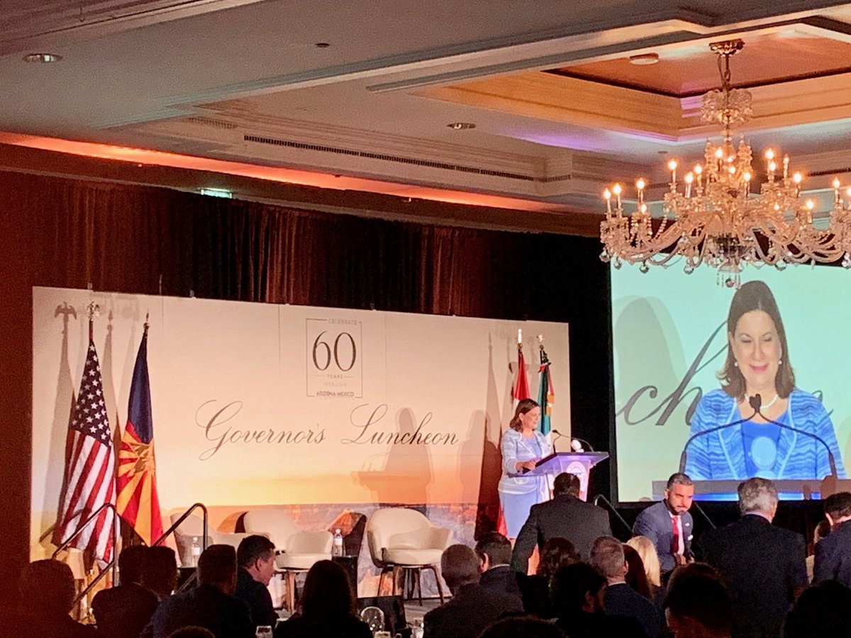 NogalesChamber's tweet photo. Mexico Ambassador @Martha_Barcena speaking at the Governor’s Luncheon where she emphasized the importance of trade where $1 million dollars of trade transactions are done per minute. @AzMxCom #AZAwesome #Arizona #Mexico #SupportTrade https://t.co/bbHcz55Lmr