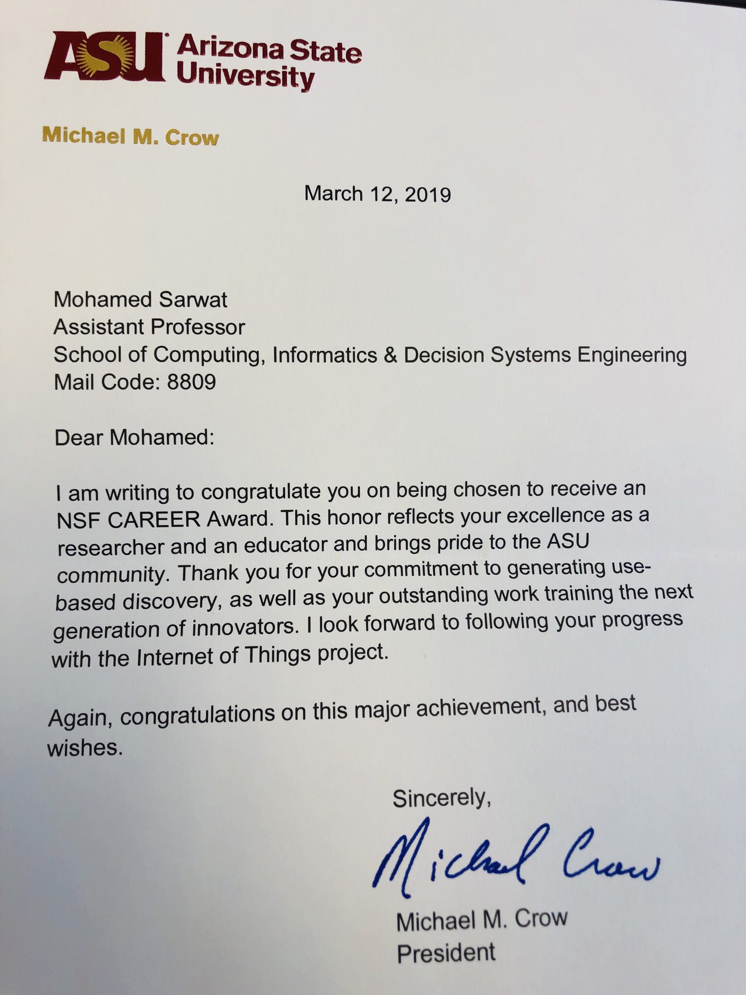 Computer Systems Engineering Asu Major Map Mo Sarwat On Twitter: "Received This Letter In The Mail And It Totally Made  My Day :) - @Michaelcrow Thanks For The Appreciation, Continued Support,  And Your Relentless Effort To Put @Asu