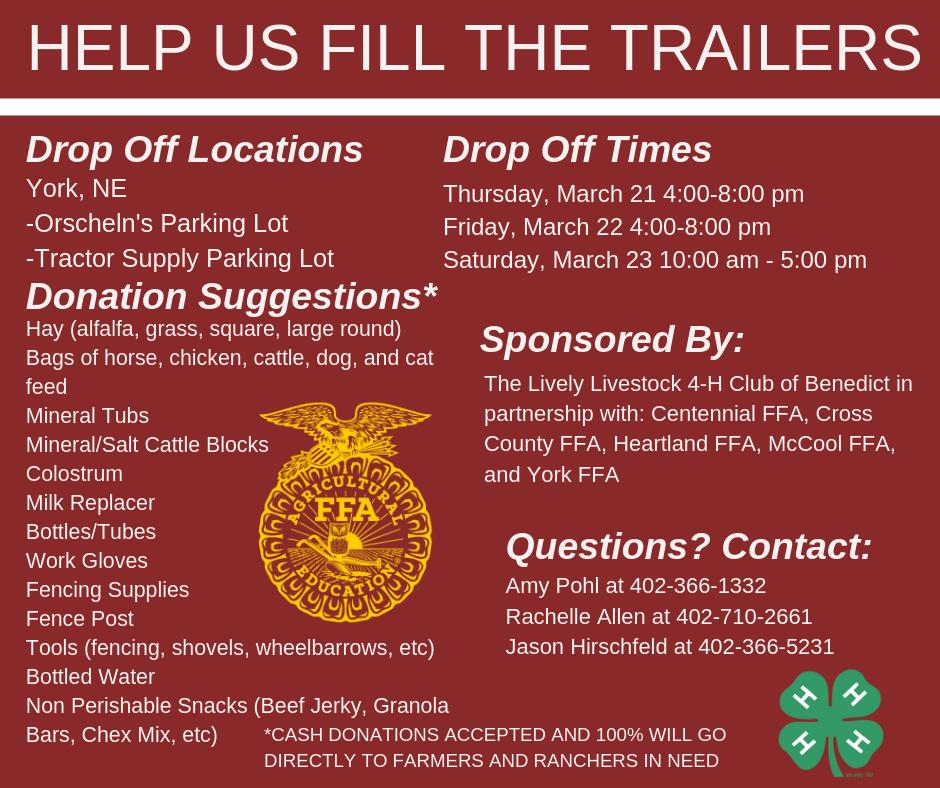 CCC_Milkshake's tweet photo. Help the local York/Polk FFA chapters, and Lively Livestock 4-H, collect donations for livestock producers affected by the floods. You can make donation to a local FFA member or bring down to TSC/Orschlens this Thurs-Sat. Contact Mrs. Hackenkamp with questions! https://t.co/HK77LJmDGl