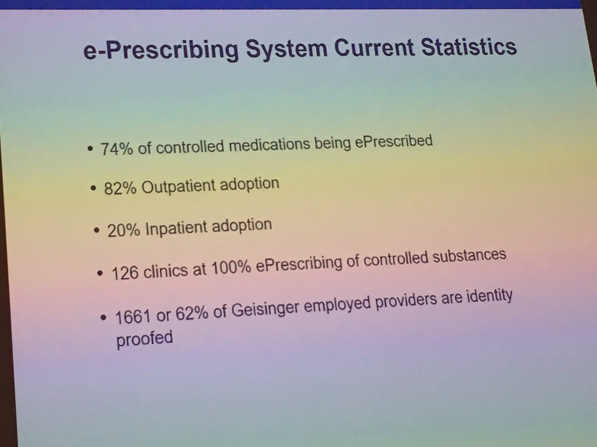 Geisinger Medical Center is doing a great job with e-Rx.
@Jk_Jeffery @HCInnovationGrp 
@NarouzeMD 
#HCISummit #OpioidEpidemic #OpioidCrisis