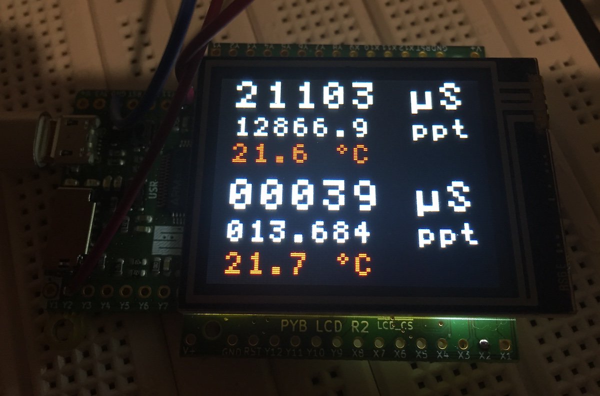 BruncinLtd's tweet photo. We can now display conductivity data on our lab data loggers - no need to fetch the logs or reach for the computer/tablet/phone for a quick visual check! All conversions are already built in: top sensor in salty water, bottom sensor in RO water) #sensors #conductivity #LabWork https://t.co/ZCFrfl5CHj