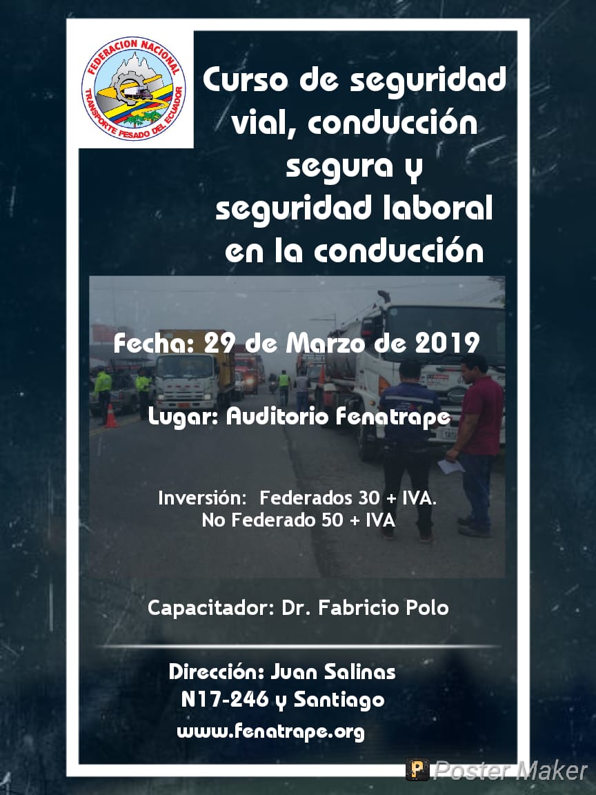 Fenatrape_EC's tweet photo. Curso de Seguridad Vial,Conducción Segura y Seguridad Laboral en la Conducción: el 29 de marzo. La Fenatrape ha preparado una serie de cursos que buscan aportar en una Cultura Vial. Capacitador: Dr. Fabricio Polo Luna. Contacto: fpolo@fenatrape.org https://t.co/7jRtjN2WCz https://t.co/8YJFrOk35l
