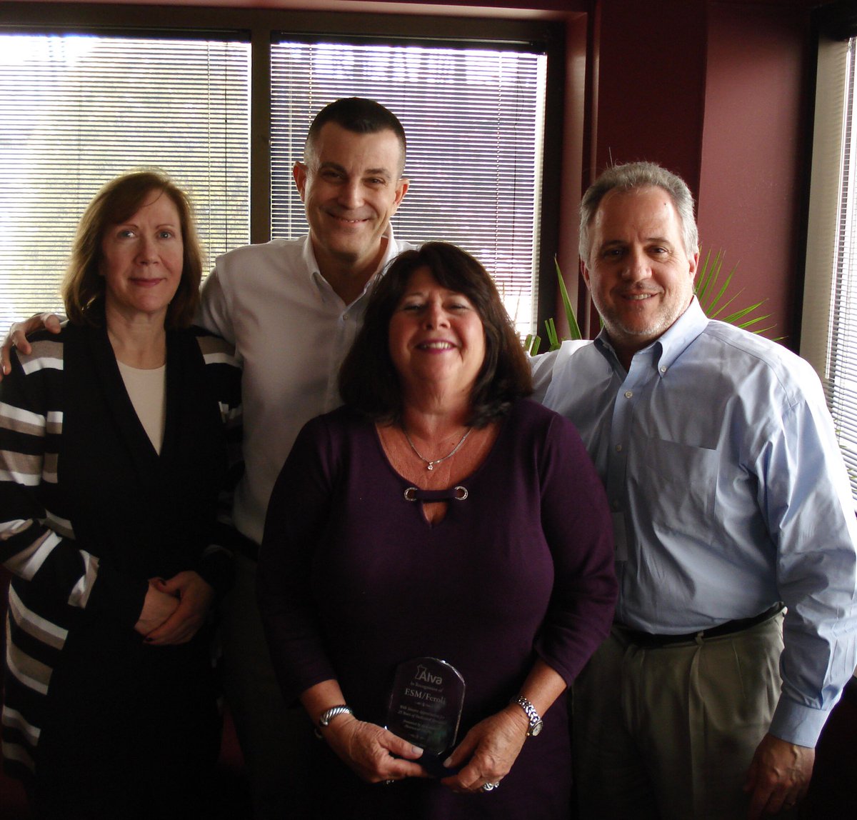 ESMFerolie's tweet photo. ESM Ferolie was recently awarded a 25 Year Service award by ALVA-AMCO. Pictured below left to right are Maryellen Hartman, Jim Fiumaro, Rose Becker and Rob Wright. Bob Huebner, Vice President of Sales for ALVA-AMCO presented the Award. Well done ESM !!!
#work #workplace #health https://t.co/gPXpHdIECl