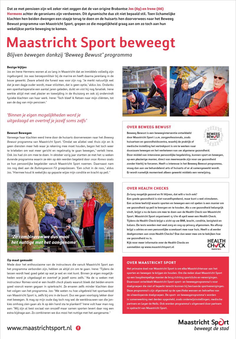 Samen met zorgprofessionals werken we aan duurzaam bewegen en het verbeteren van de algemene gezondheid van de inwoners van Maastricht. Benieuwd hoe? Lees onderstaand artikel!