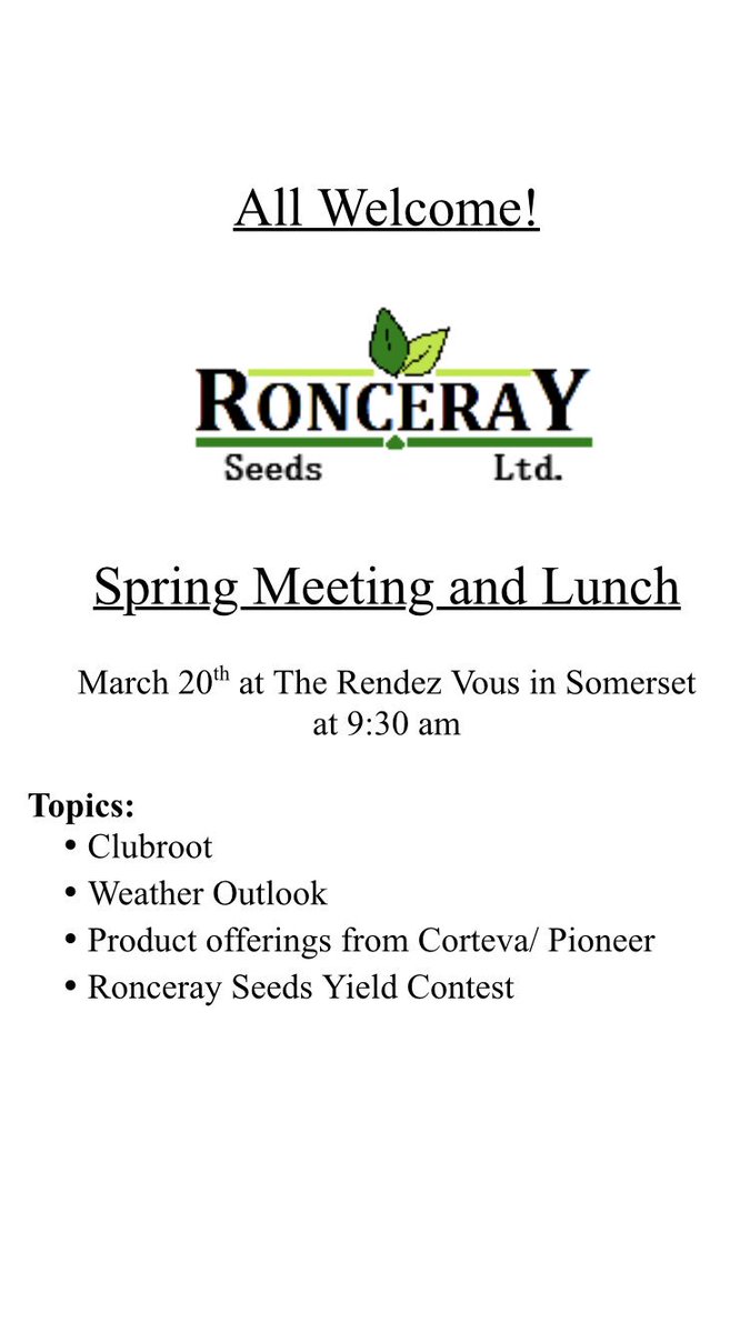 Just a reminder for our meeting tomorrow morning at the rendezvous in Somerset at 9:30! We'll have @dane_froese from MB ag discussing clubroot, Timi Ojo from MB ag discussing weather, as well as <a href="/the_scooter27/">Lka10NFT</a> from Pioneer and Allison Rasmussen from Corteva.
