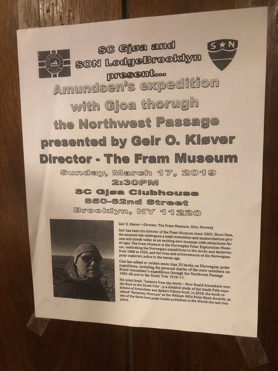 FramMuseum's tweet photo. Nice to get to know @SCGjoa in their club house, one of the last remaining #norwegian outposts in #brooklyn #NYC Welcome back to #oslo for @NorwayCupOslo this summer. See you all @FramMuseum then. #gjøa #fram #roaldamundsen #lessonsfromthearctic https://t.co/QVDnnwKZC5
